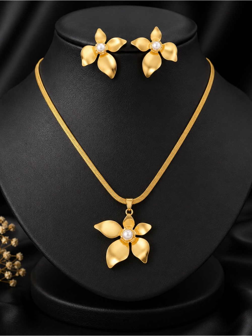 Gold Floral Pearl Pendant Necklace and Earrings Set 18 k plated Gold